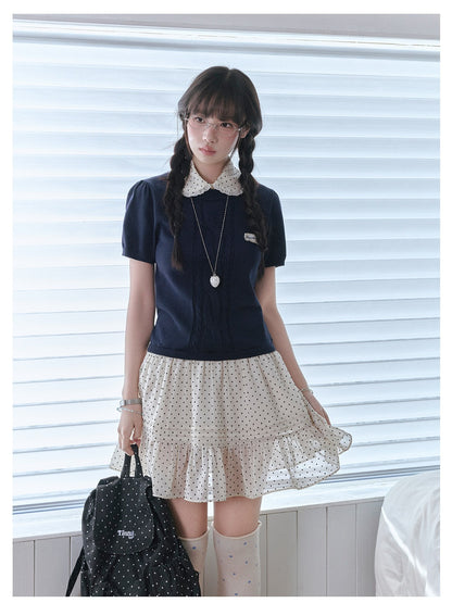 "Starry Miu" Polka Dot Collared Knit Dress - Navy