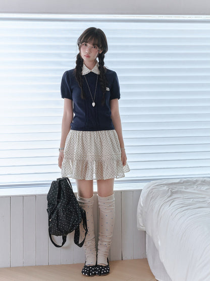"Starry Miu" Polka Dot Collared Knit Dress - Navy