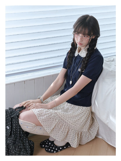 "Starry Miu" Polka Dot Collared Knit Dress - Navy