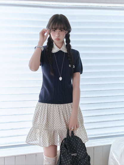 "Starry Miu" Polka Dot Collared Knit Dress - Navy