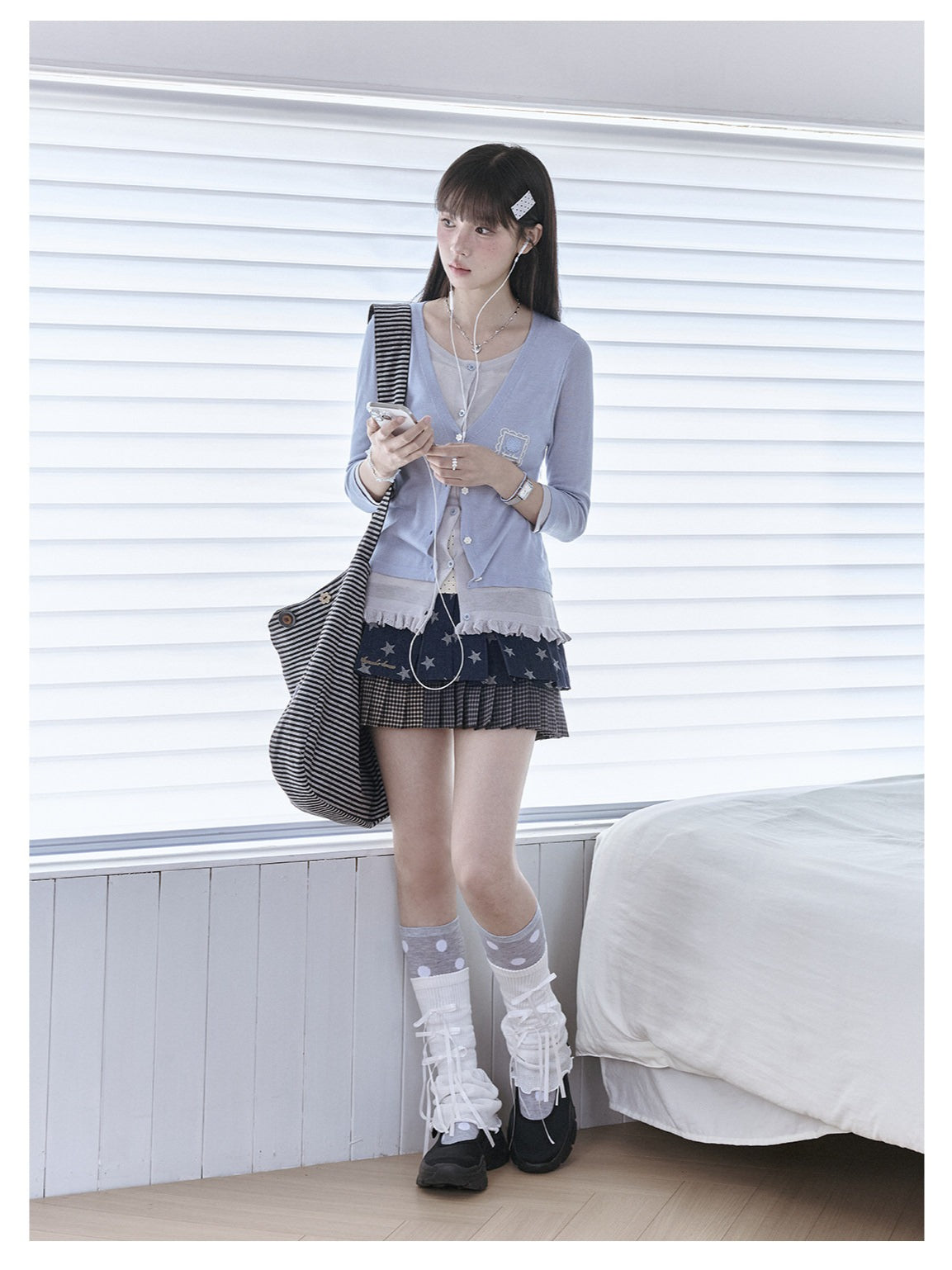 "Starry Miu" Layered Knit Collection (Dusty Blue Cardigan / Polka Dot Skirt)