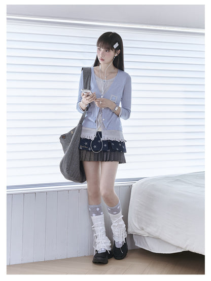 "Starry Miu" Layered Knit Collection (Dusty Blue Cardigan / Polka Dot Skirt)
