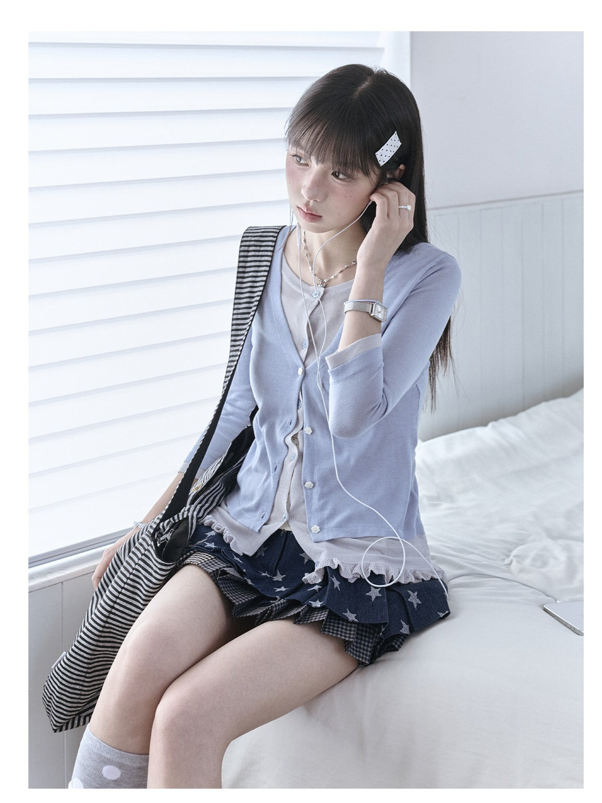 "Starry Miu" Layered Knit Collection (Dusty Blue Cardigan / Polka Dot Skirt)