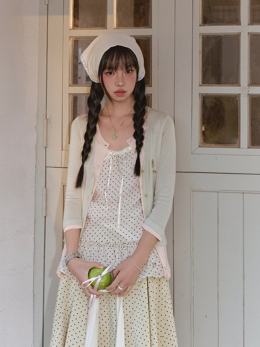 "Forest Vintage" Polka Dot Layered Collection (Mint Knit Cardigan / Oat Cami / Polka Dot Skirt / Denim Jeans)