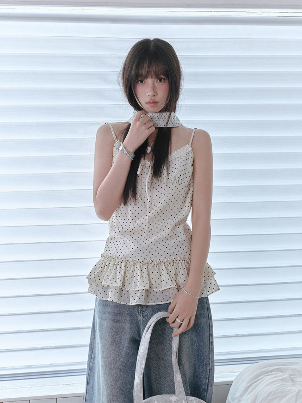 "Forest Vintage" Polka Dot Layered Collection (Mint Knit Cardigan / Oat Cami / Polka Dot Skirt / Denim Jeans)
