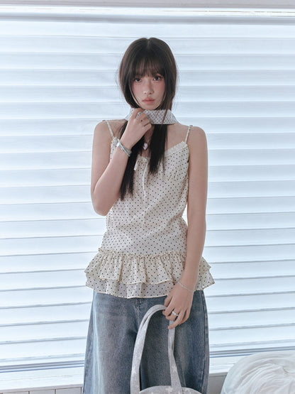 "Forest Vintage" Polka Dot Layered Collection (Mint Knit Cardigan / Oat Cami / Polka Dot Skirt / Denim Jeans)