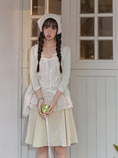 "Forest Vintage" Polka Dot Layered Collection (Mint Knit Cardigan / Oat Cami / Polka Dot Skirt / Denim Jeans)
