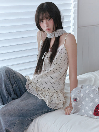 "Forest Vintage" Polka Dot Layered Collection (Mint Knit Cardigan / Oat Cami / Polka Dot Skirt / Denim Jeans)