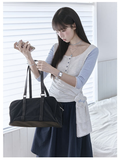 "Blooming Ribbon" Layered Set (Ivory Asymmetric Long-Sleeve Top / Navy Box-Pleated Skirt)