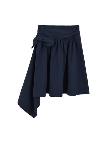 "Blooming Ribbon" Layered Set (Ivory Asymmetric Long-Sleeve Top / Navy Box-Pleated Skirt)