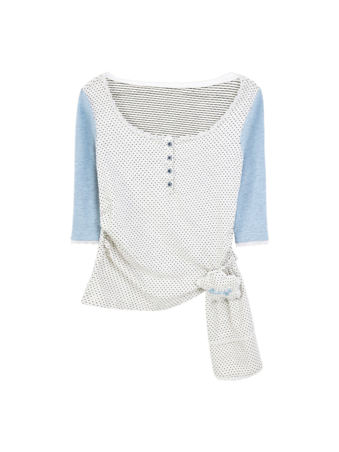 "Blooming Ribbon" Layered Set (Ivory Asymmetric Long-Sleeve Top / Navy Box-Pleated Skirt)
