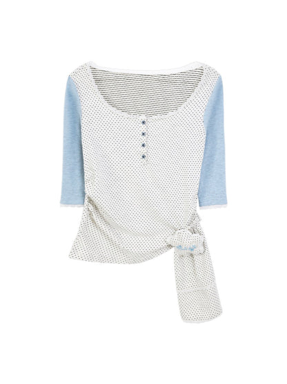 "Blooming Ribbon" Layered Set (Ivory Asymmetric Long-Sleeve Top / Navy Box-Pleated Skirt)