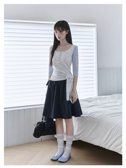 "Blooming Ribbon" Layered Set (Ivory Asymmetric Long-Sleeve Top / Navy Box-Pleated Skirt)