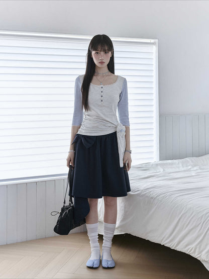 "Blooming Ribbon" Layered Set (Ivory Asymmetric Long-Sleeve Top / Navy Box-Pleated Skirt)