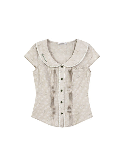 "Blooming Branches" Daisy Textured Blouse & Brown Polka Dot Pleated Skirt