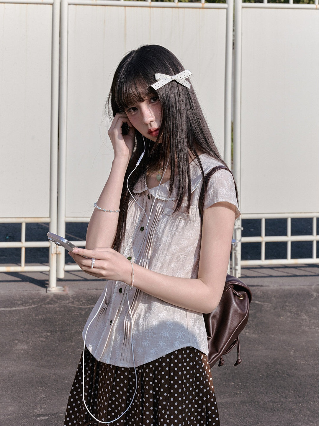 "Blooming Branches" Daisy Textured Blouse & Brown Polka Dot Pleated Skirt