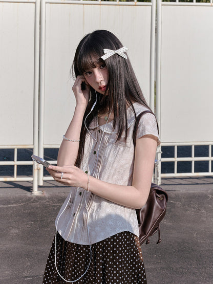 "Blooming Branches" Daisy Textured Blouse & Brown Polka Dot Pleated Skirt