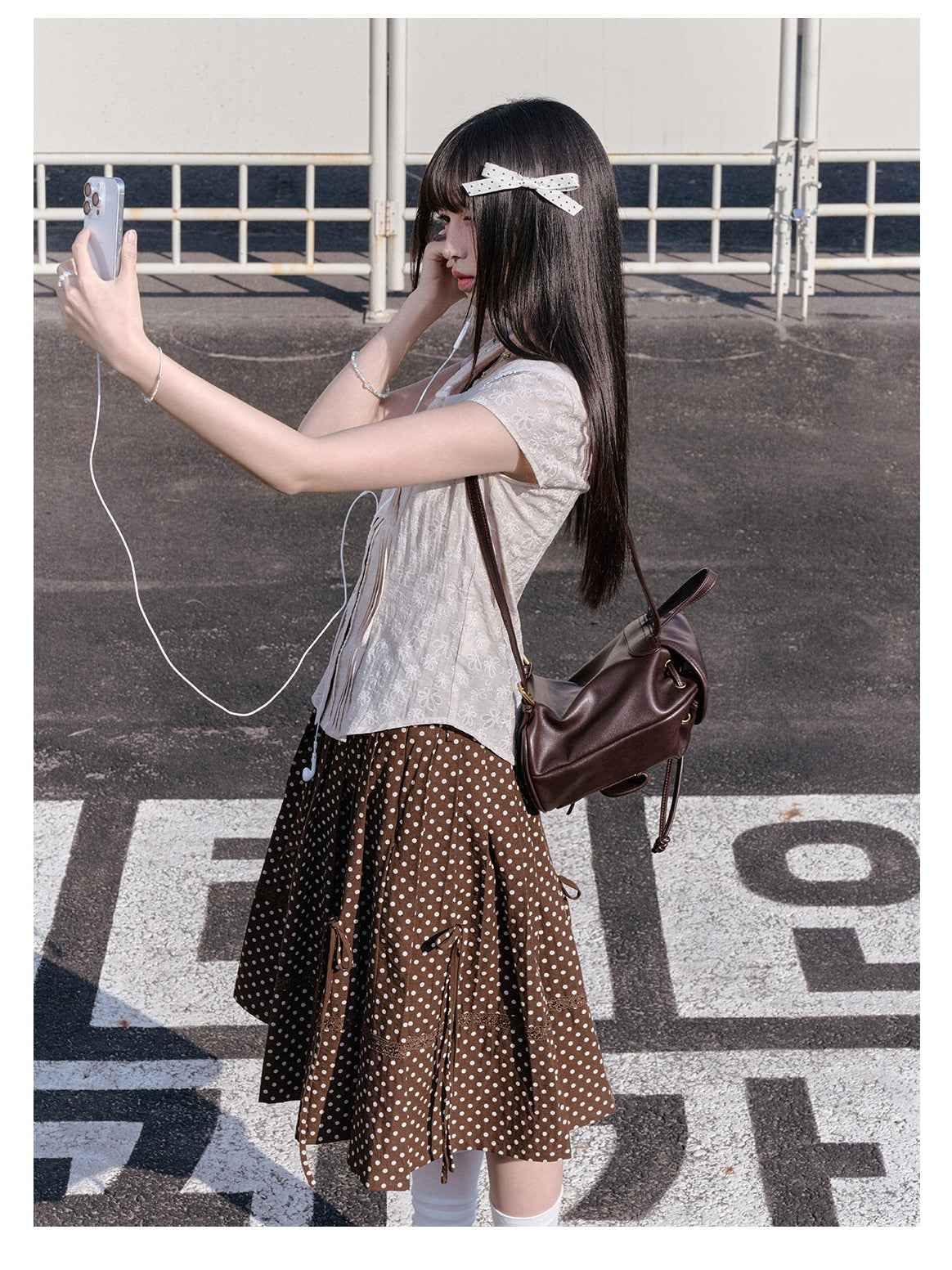 "Blooming Branches" Daisy Textured Blouse & Brown Polka Dot Pleated Skirt