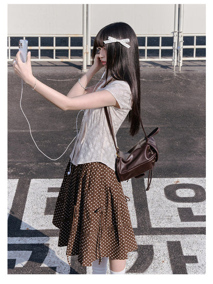 "Blooming Branches" Daisy Textured Blouse & Brown Polka Dot Pleated Skirt