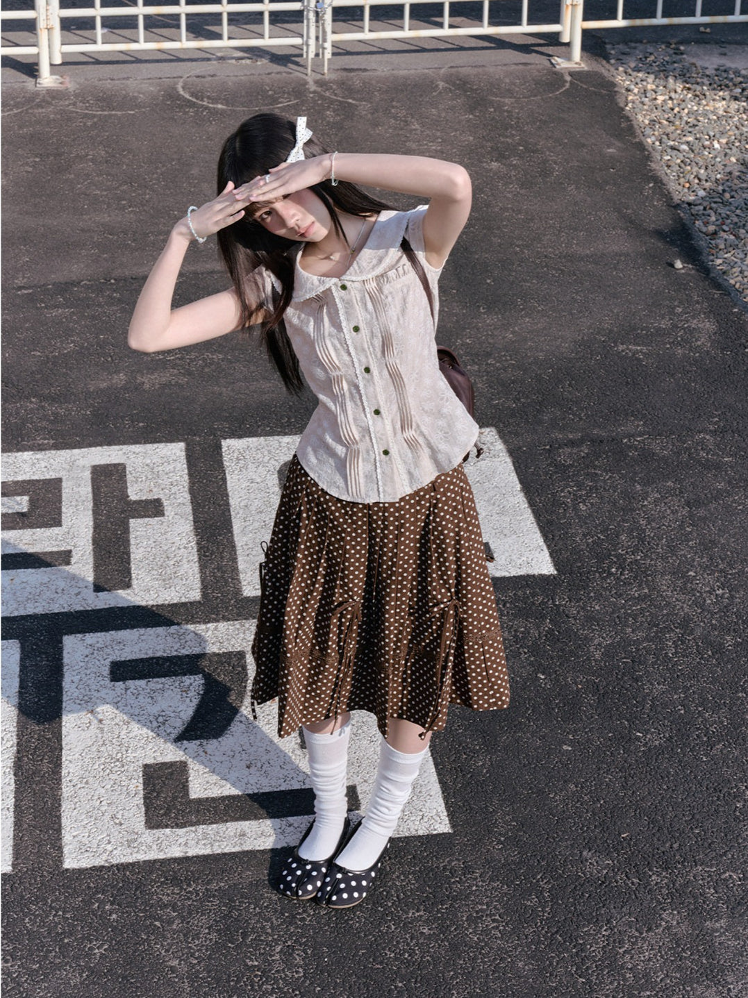 "Blooming Branches" Daisy Textured Blouse & Brown Polka Dot Pleated Skirt