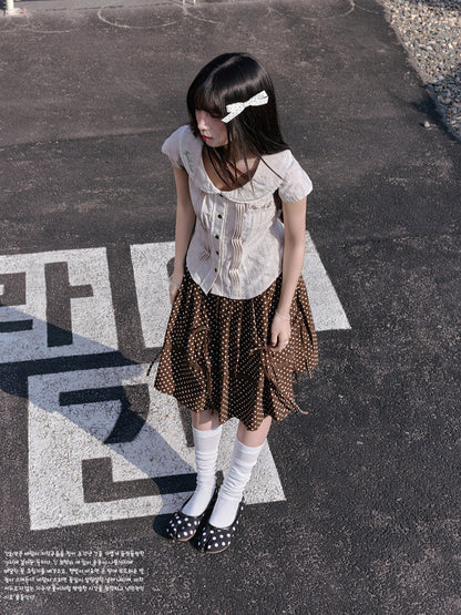 "Blooming Branches" Daisy Textured Blouse & Brown Polka Dot Pleated Skirt