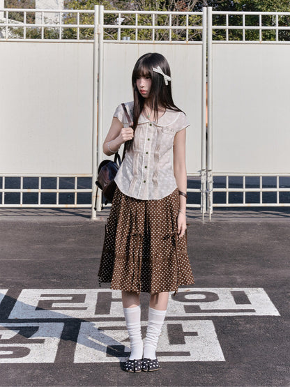 "Blooming Branches" Daisy Textured Blouse & Brown Polka Dot Pleated Skirt