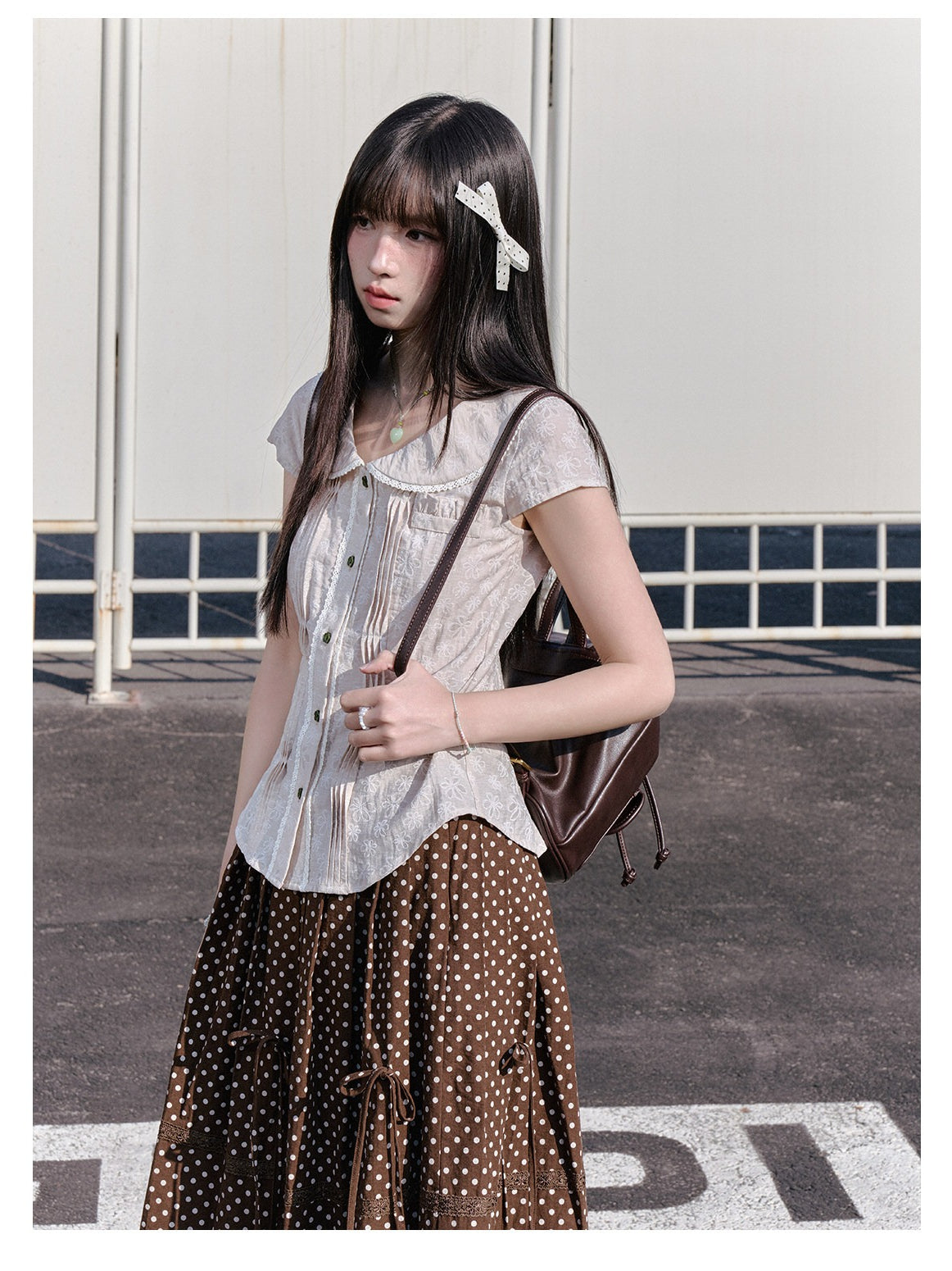 "Blooming Branches" Fresh Layered Collection (Mint Green Tie-Front Cardigan / Oat Blouse / Beige Polka Dot Skirt)