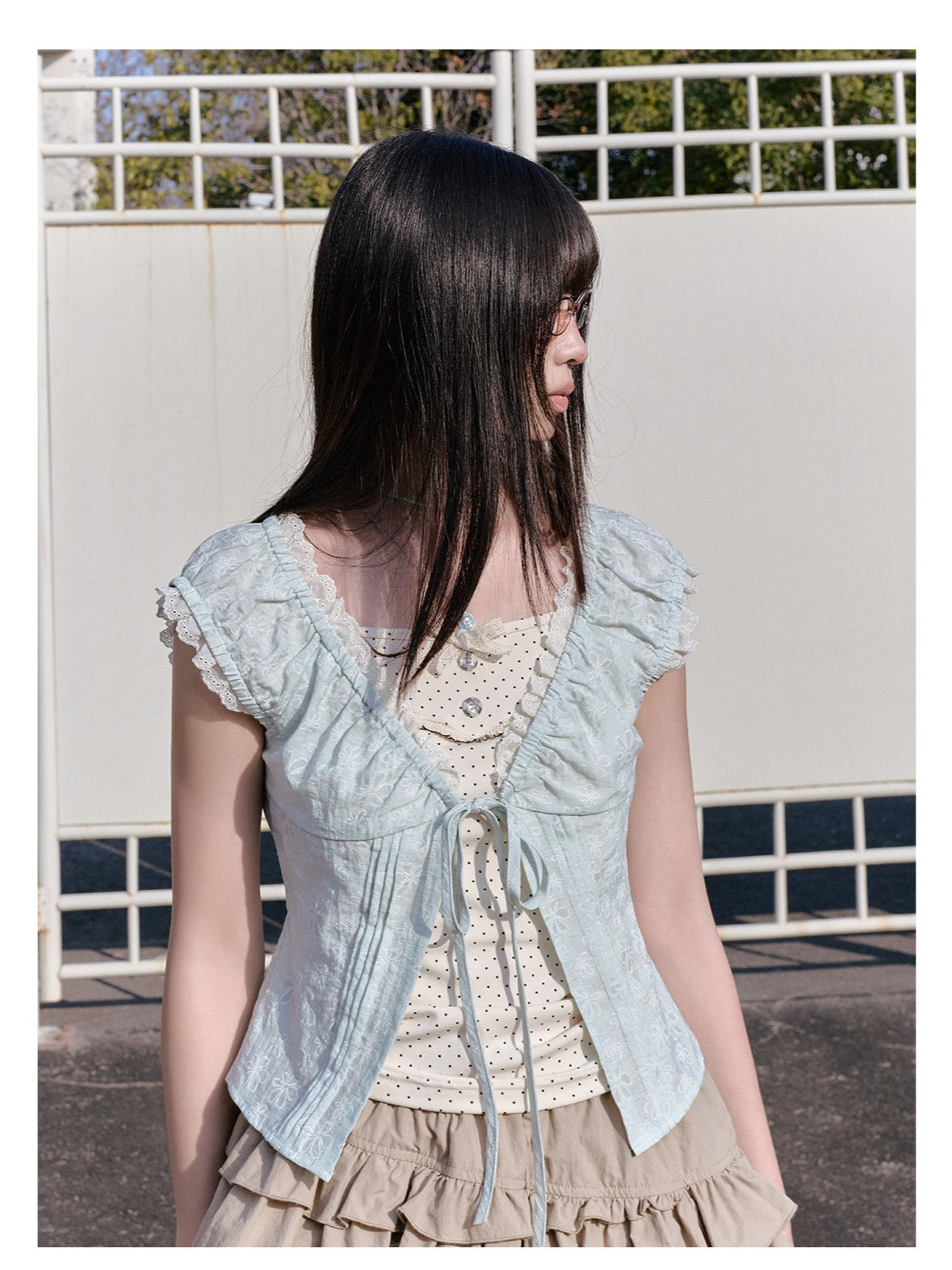 "Blooming Branches" Fresh Layered Collection (Mint Green Tie-Front Cardigan / Oat Blouse / Beige Polka Dot Skirt)