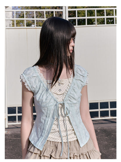 "Blooming Branches" Fresh Layered Collection (Mint Green Tie-Front Cardigan / Oat Blouse / Beige Polka Dot Skirt)