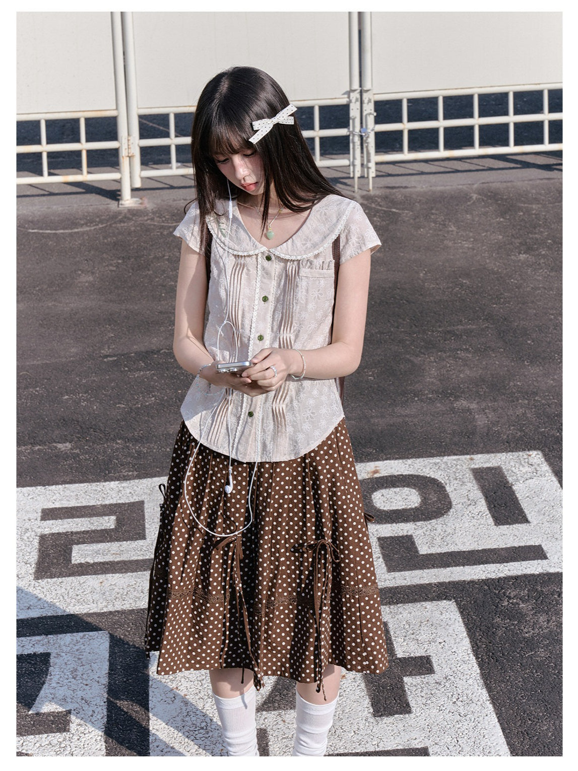 "Blooming Branches" Fresh Layered Collection (Mint Green Tie-Front Cardigan / Oat Blouse / Beige Polka Dot Skirt)