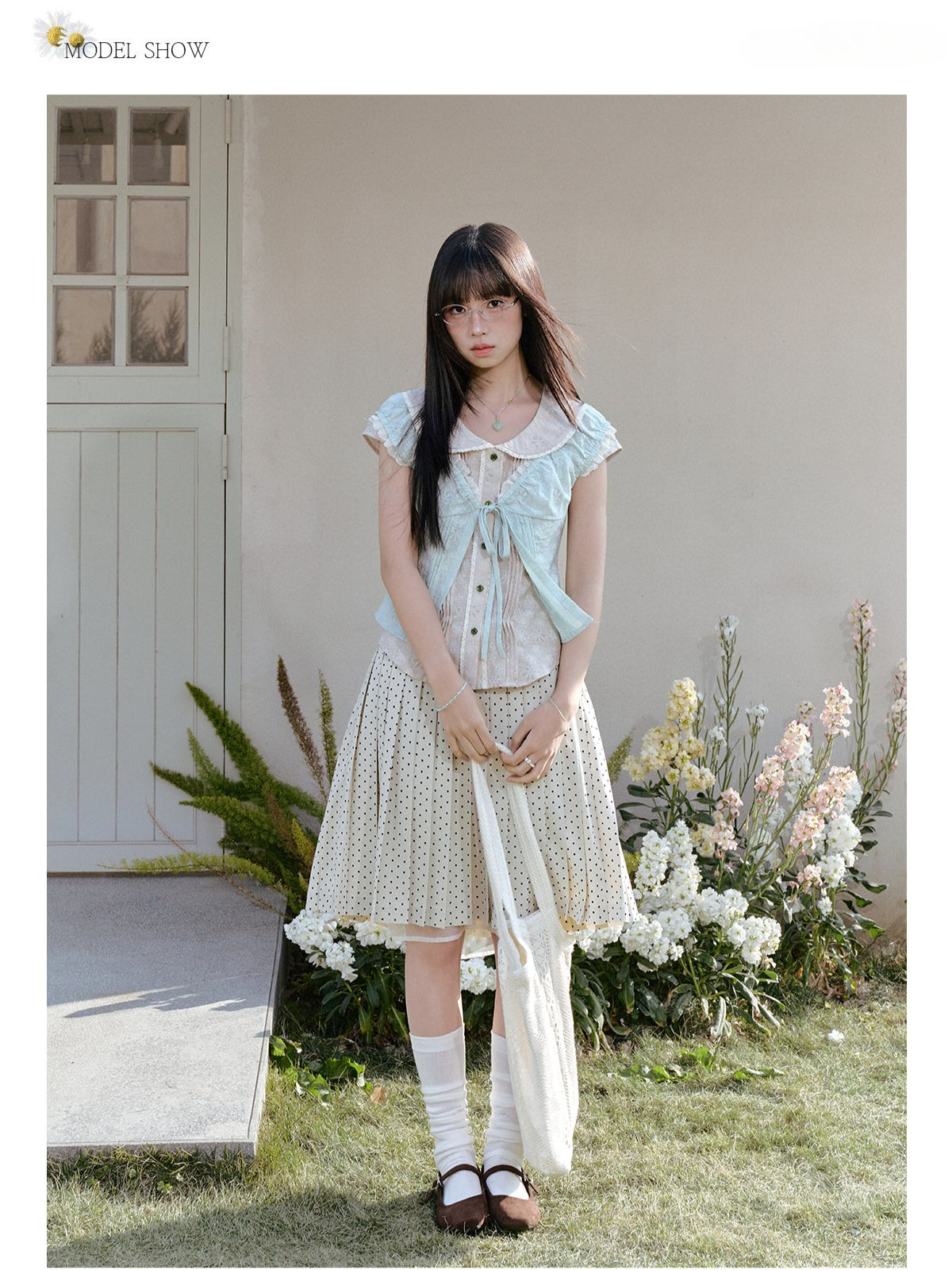 "Blooming Branches" Fresh Layered Collection (Mint Green Tie-Front Cardigan / Oat Blouse / Beige Polka Dot Skirt)