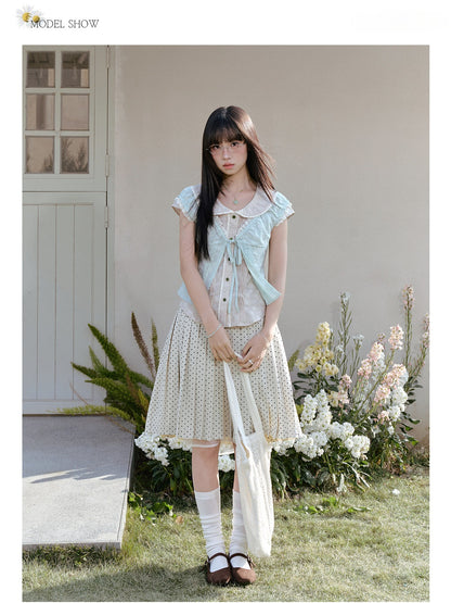 "Blooming Branches" Fresh Layered Collection (Mint Green Tie-Front Cardigan / Oat Blouse / Beige Polka Dot Skirt)