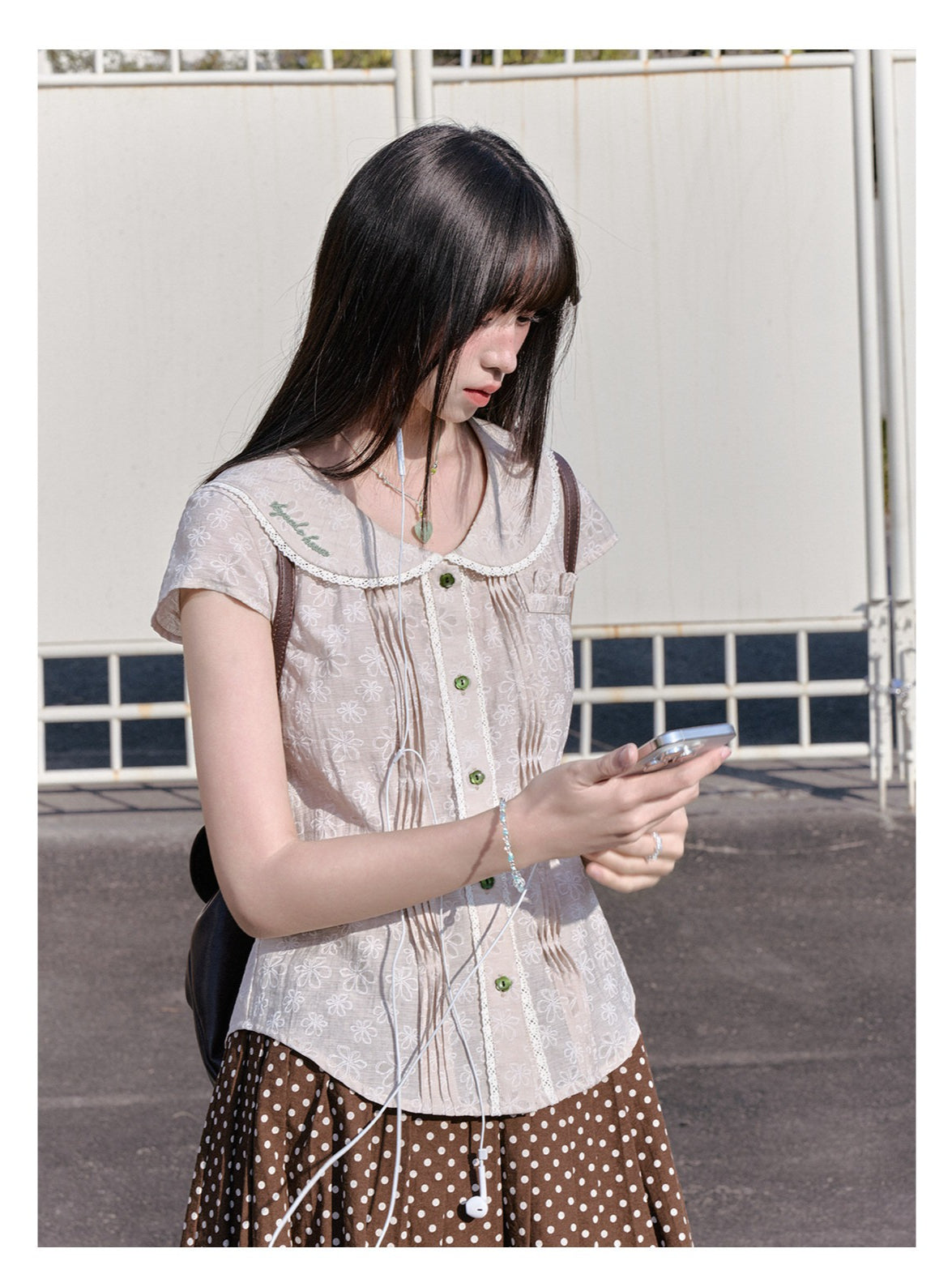 "Blooming Branches" Fresh Layered Collection (Mint Green Tie-Front Cardigan / Oat Blouse / Beige Polka Dot Skirt)