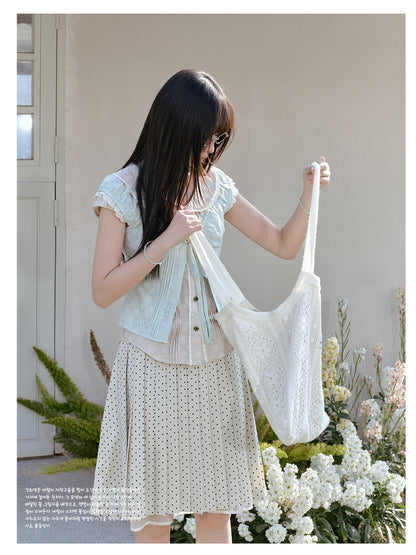 "Blooming Branches" Fresh Layered Collection (Mint Green Tie-Front Cardigan / Oat Blouse / Beige Polka Dot Skirt)