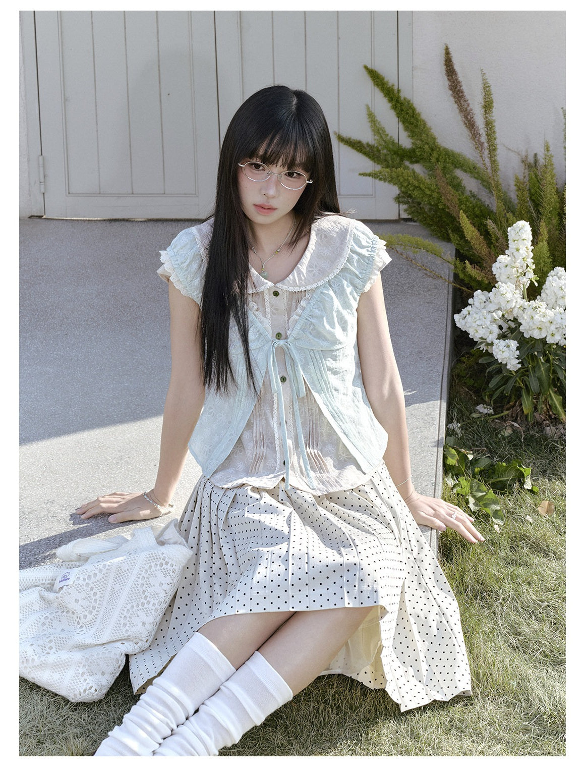 "Blooming Branches" Fresh Layered Collection (Mint Green Tie-Front Cardigan / Oat Blouse / Beige Polka Dot Skirt)