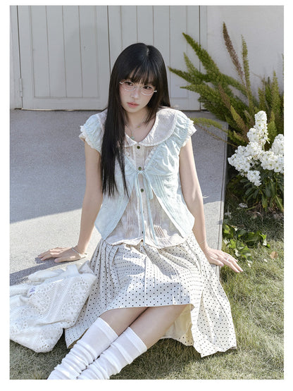 "Blooming Branches" Fresh Layered Collection (Mint Green Tie-Front Cardigan / Oat Blouse / Beige Polka Dot Skirt)