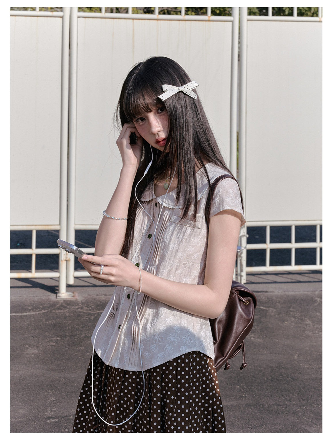 "Blooming Branches" Fresh Layered Collection (Mint Green Tie-Front Cardigan / Oat Blouse / Beige Polka Dot Skirt)