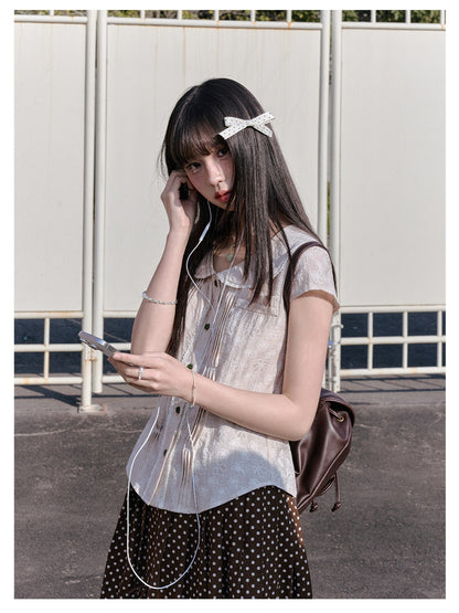 "Blooming Branches" Fresh Layered Collection (Mint Green Tie-Front Cardigan / Oat Blouse / Beige Polka Dot Skirt)