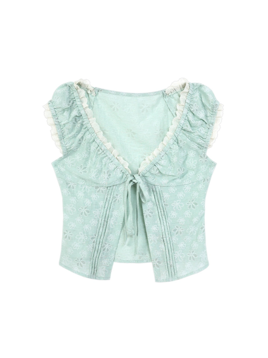 "Blooming Branches" Fresh Layered Collection (Mint Green Tie-Front Cardigan / Oat Blouse / Beige Polka Dot Skirt)