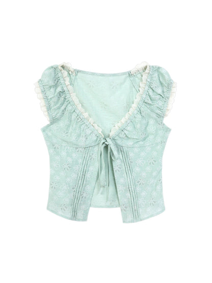 "Blooming Branches" Fresh Layered Collection (Mint Green Tie-Front Cardigan / Oat Blouse / Beige Polka Dot Skirt)