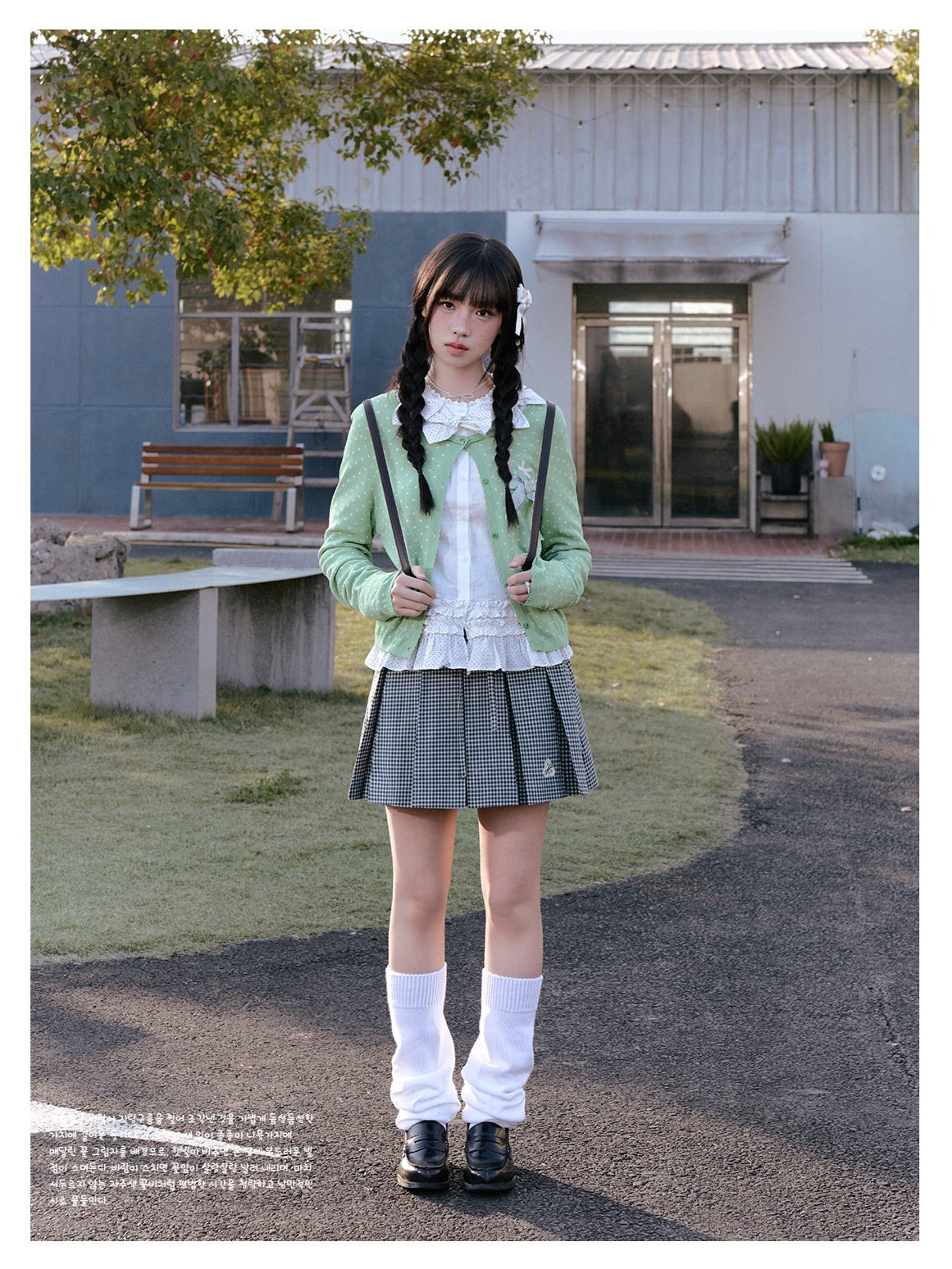 "Spring Jade" Green Polka Dot Collection (Green Knit Cardigan / White Blouse / Green Plaid Pleated Skirt)
