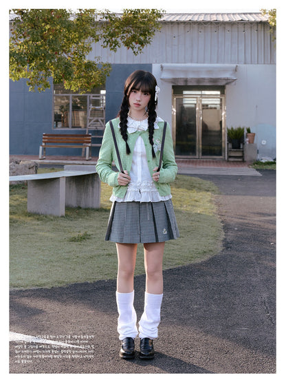 "Spring Jade" Green Polka Dot Collection (Green Knit Cardigan / White Blouse / Green Plaid Pleated Skirt)