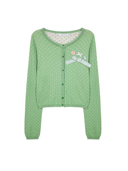 "Spring Jade" Green Polka Dot Collection (Green Knit Cardigan / White Blouse / Green Plaid Pleated Skirt)