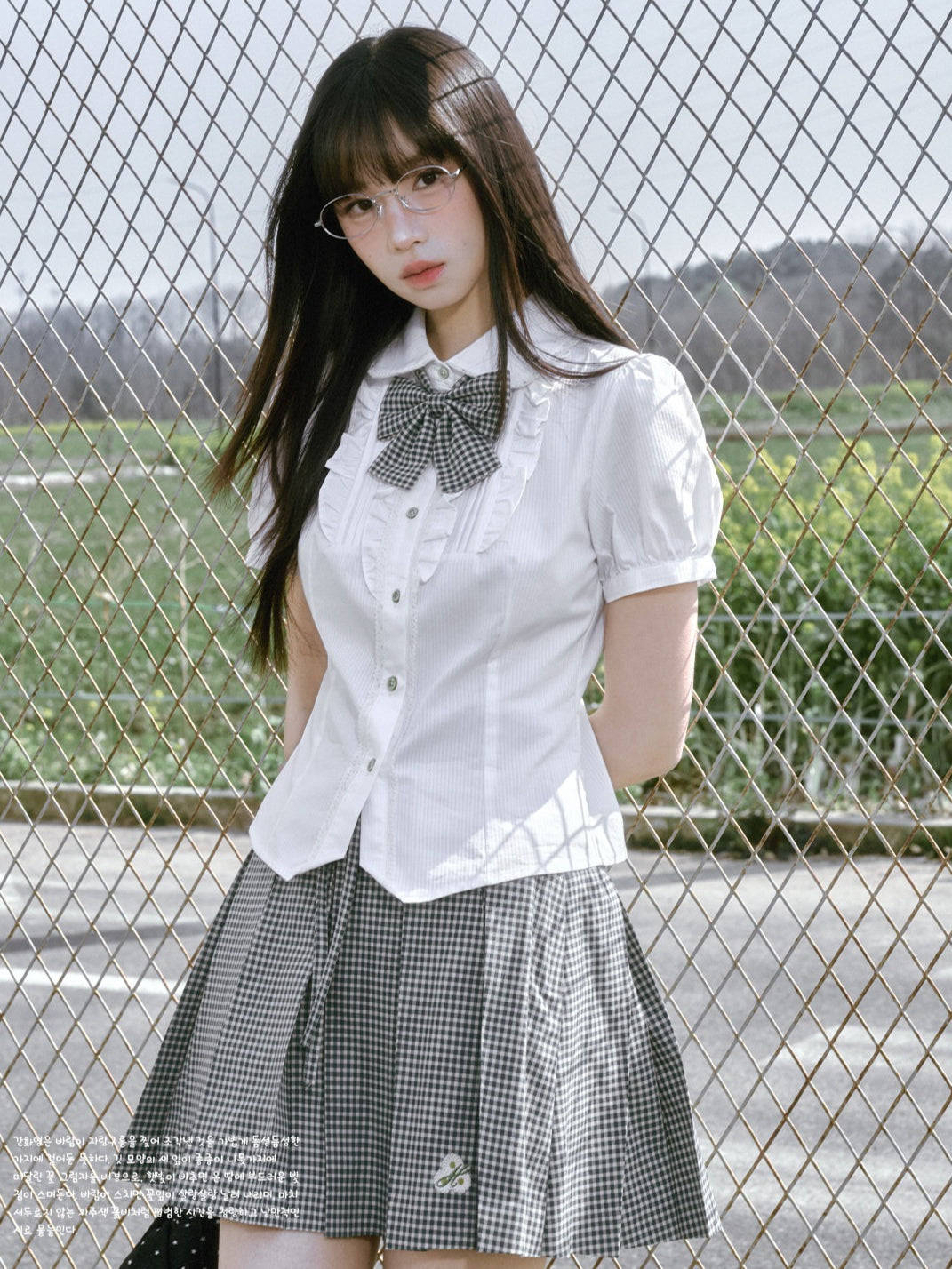 “Spring Day” White & Green School Blouse & Plaid Skirt Set