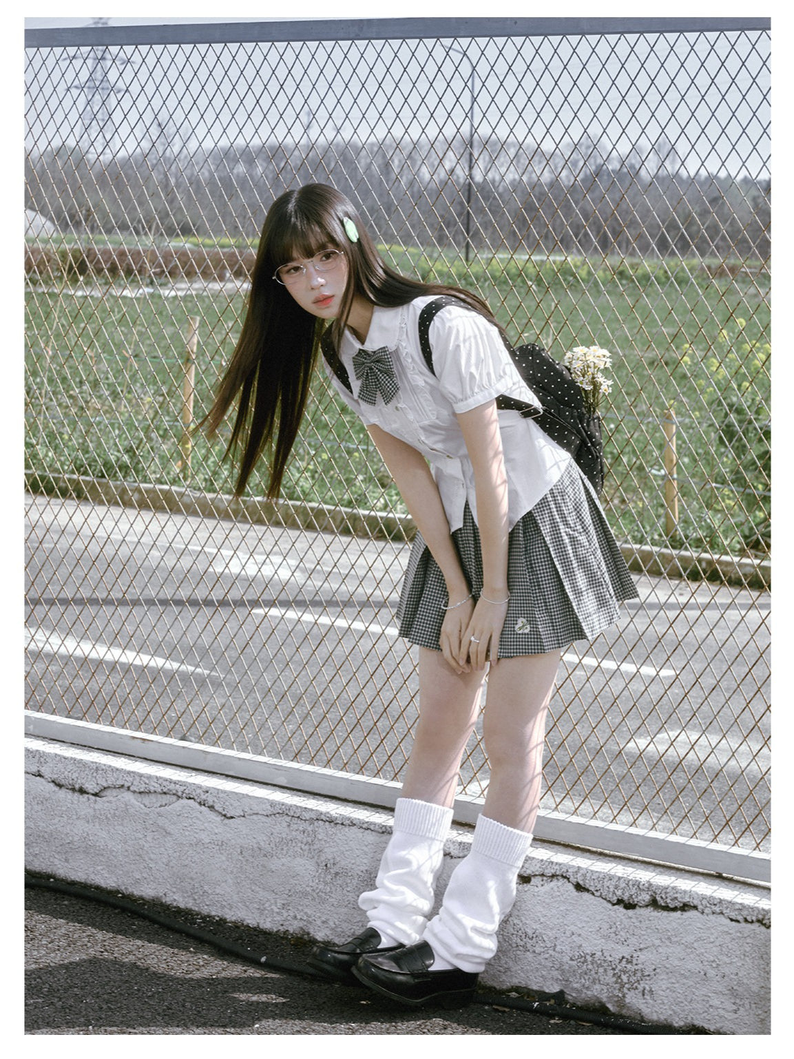 “Spring Day” White & Green School Blouse & Plaid Skirt Set