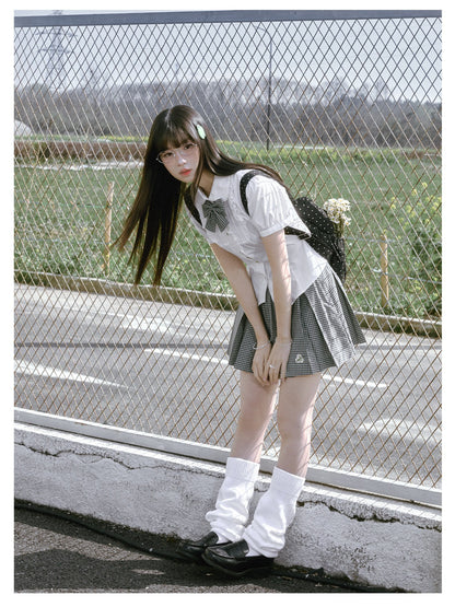 “Spring Day” White & Green School Blouse & Plaid Skirt Set