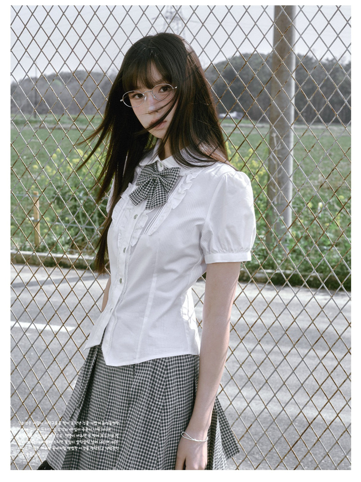 “Spring Day” White & Green School Blouse & Plaid Skirt Set