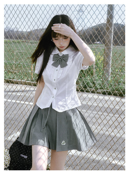 “Spring Day” White & Green School Blouse & Plaid Skirt Set