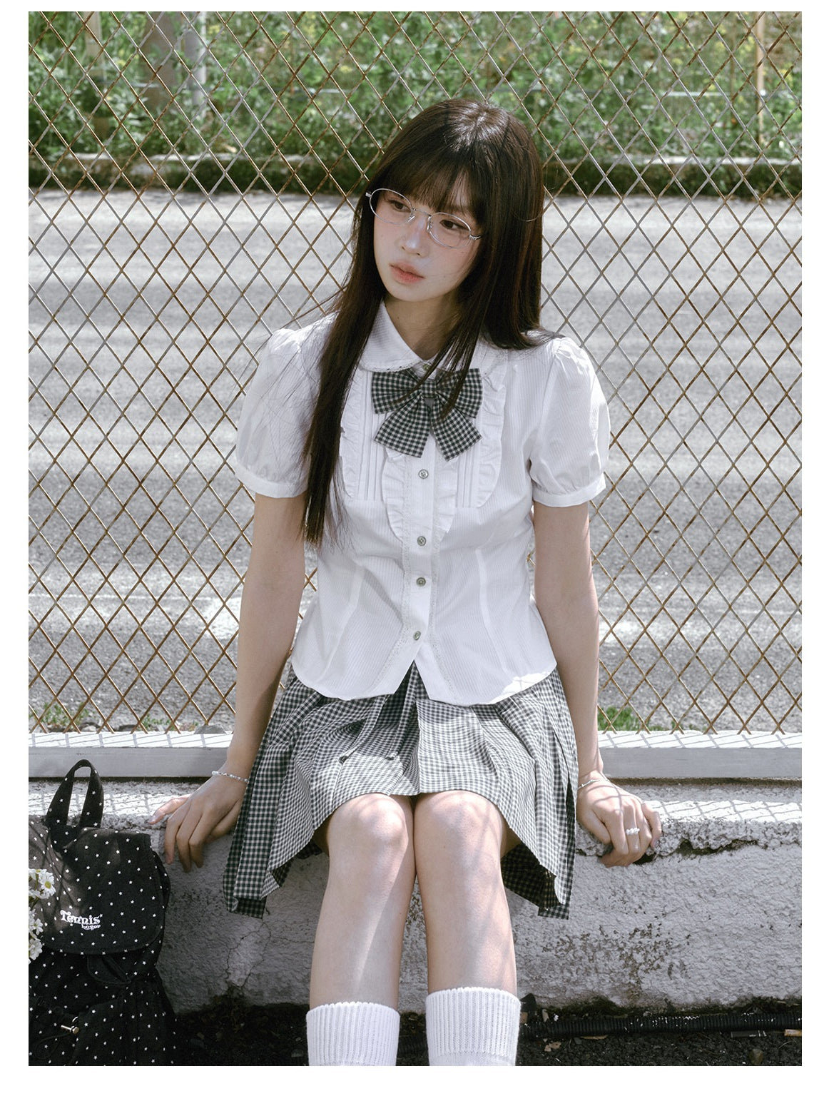 “Spring Day” White & Green School Blouse & Plaid Skirt Set