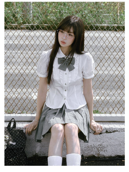 “Spring Day” White & Green School Blouse & Plaid Skirt Set